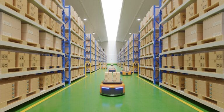 Interior of warehouse in logistic center with Automated guided vehicle Is a delivery vehicle,3d rendering