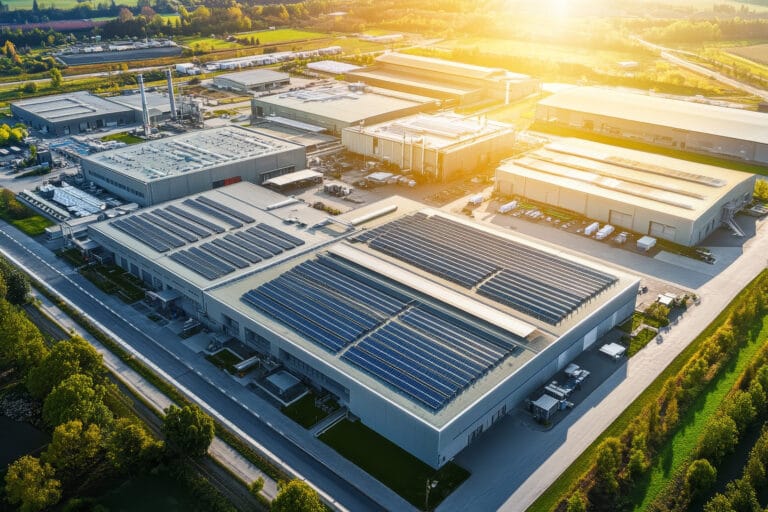 Modern industrial complex showcasing solar panels for sustainable energy and business practices
